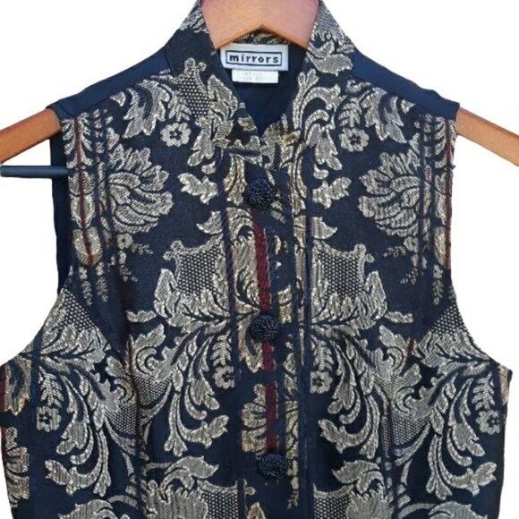 Vtg 80's Vest Artsy Tang Suit Mandarin Jacquard Metallic Fleur De Lis Tunic Sz M - Picture 4 of 8